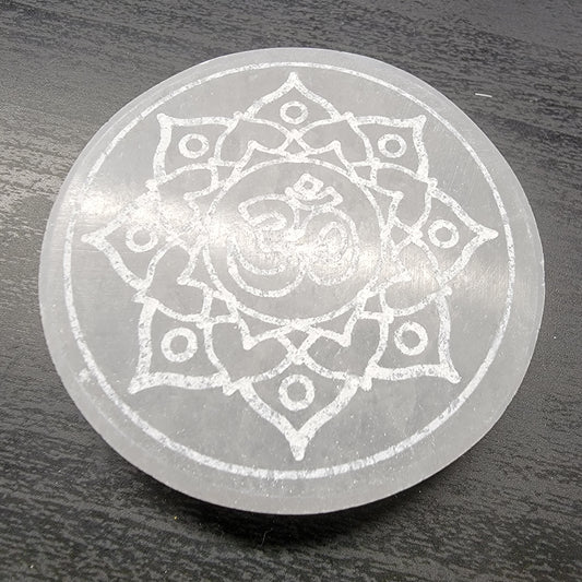 Selenite Plate Om Lotus 3"