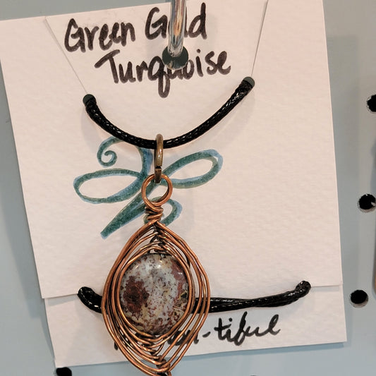 Copper Wrapped Green Gold Turquoise Necklace